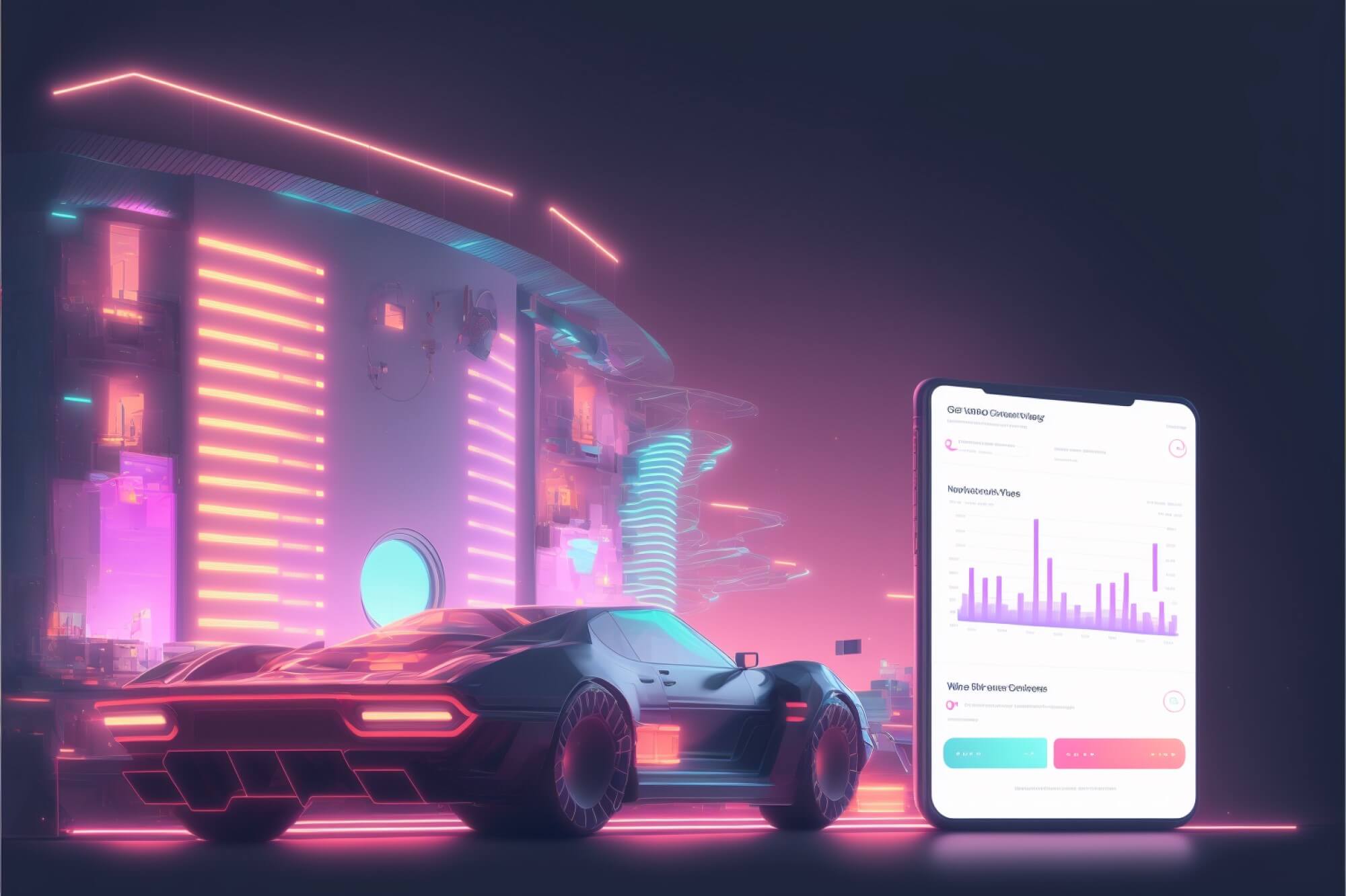 Ilustration - Car in front of a building, smartphone.